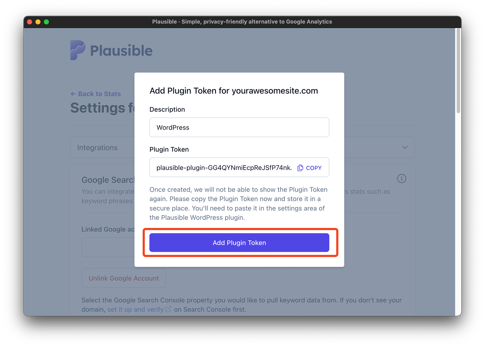 Add your Plausible plugin token in WordPress