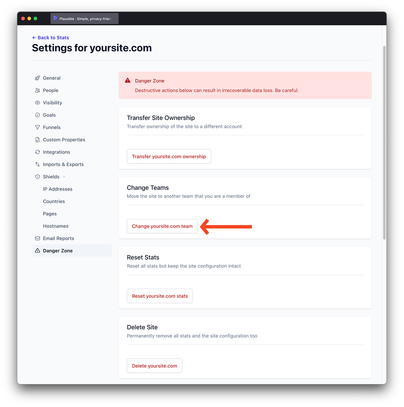 Transfer ownership of a site to a team