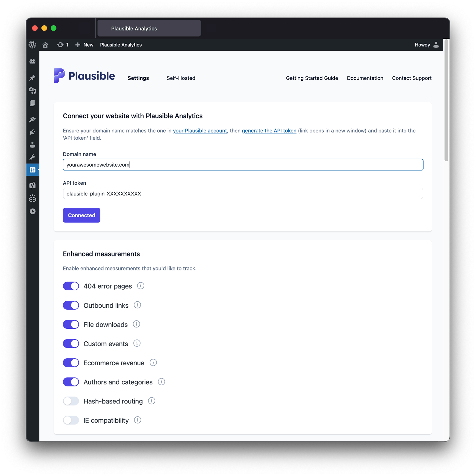 Plausible Analytics WordPress plugin settings