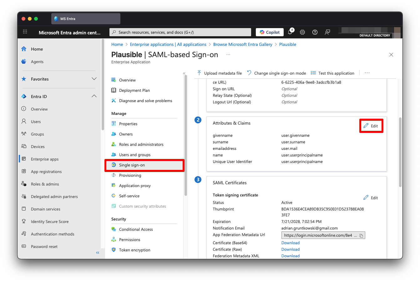 MS Entra attributes button