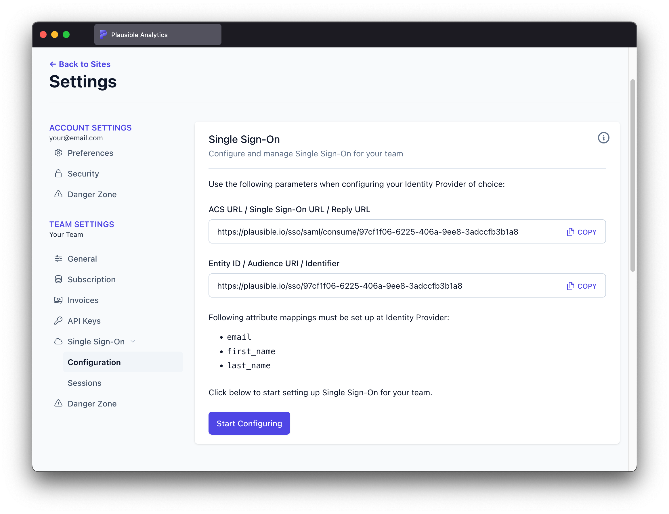 SSO configuration parameters for IdP