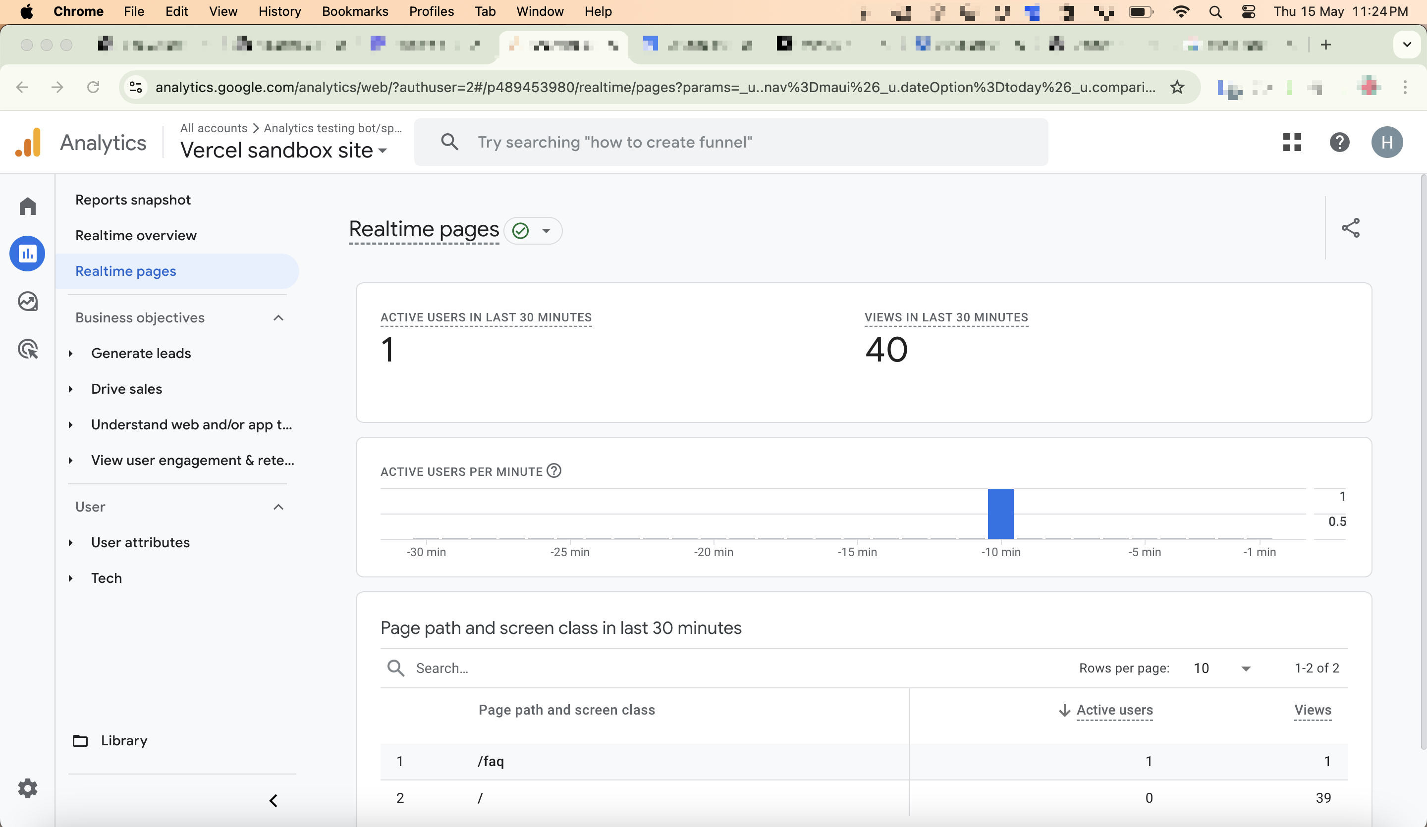 GA real time dashboard showing bot traffic as real traffic for a second time