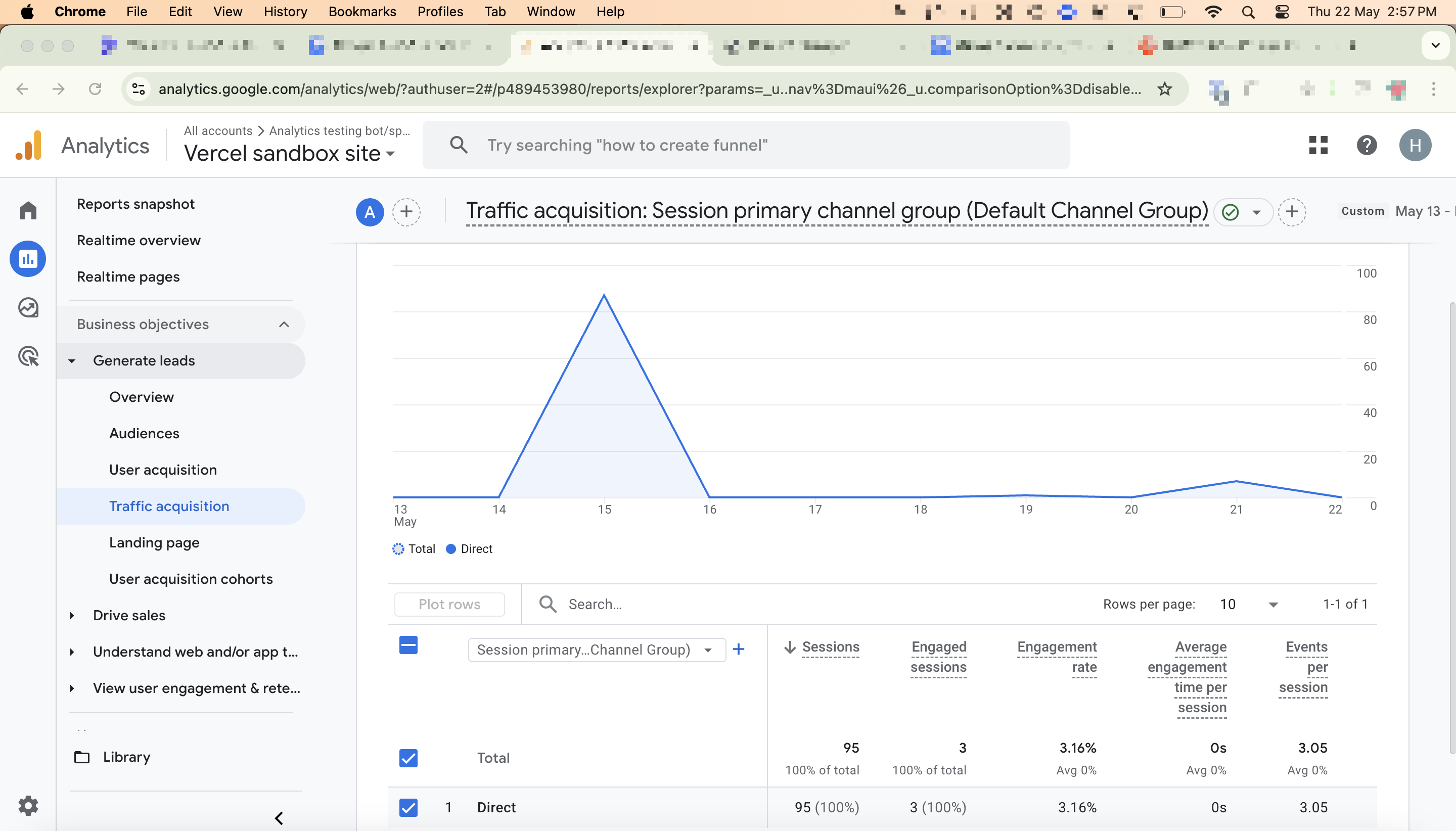 Traffic acquisition report in GA4 showing bot traffic