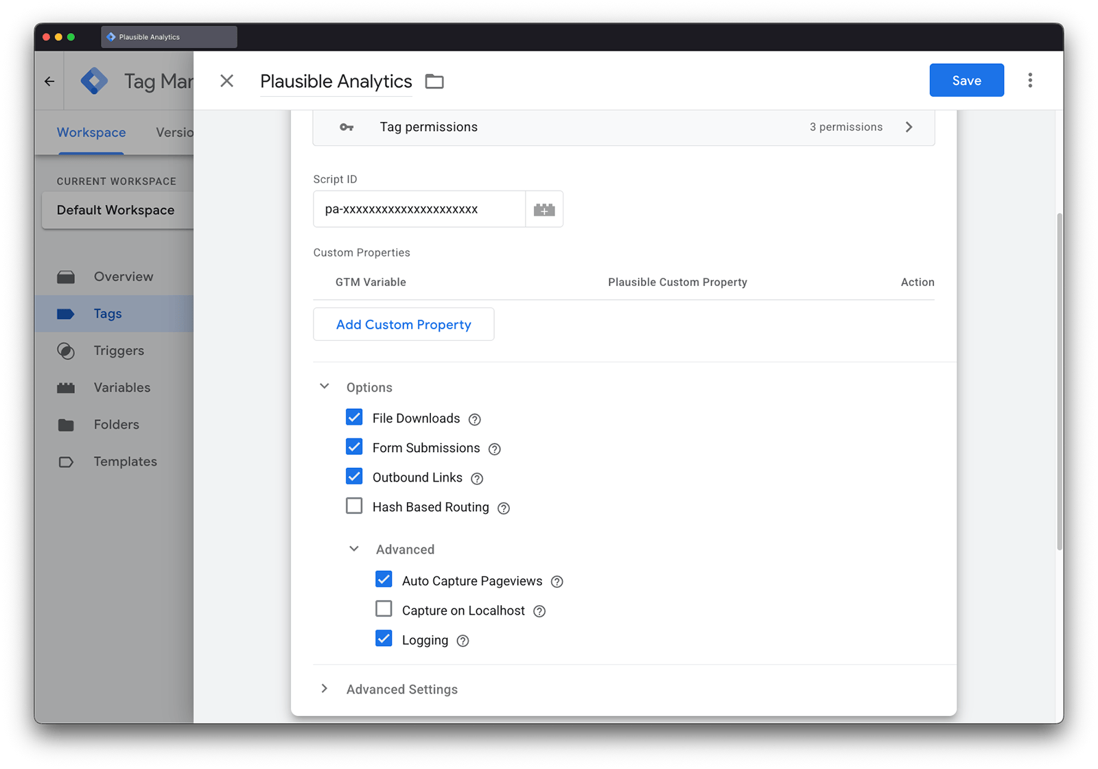 Plausible GTM Template New Tag Configuration options