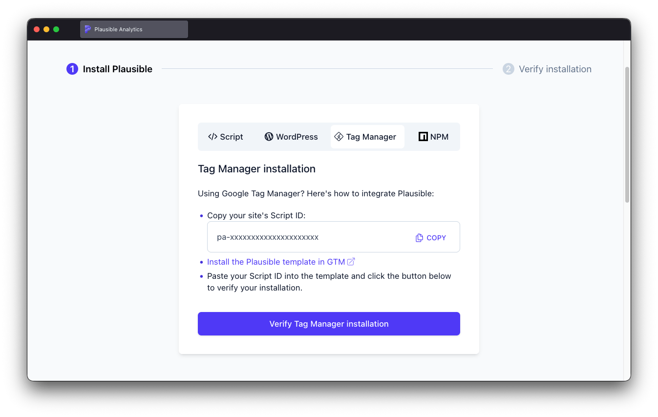 tag manager installation method in plausible